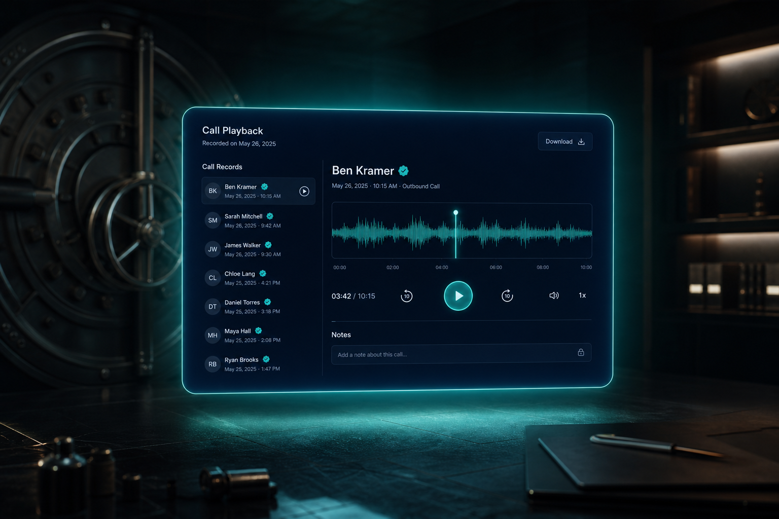 Dark mode call playback dashboard with waveform scrubber and record list