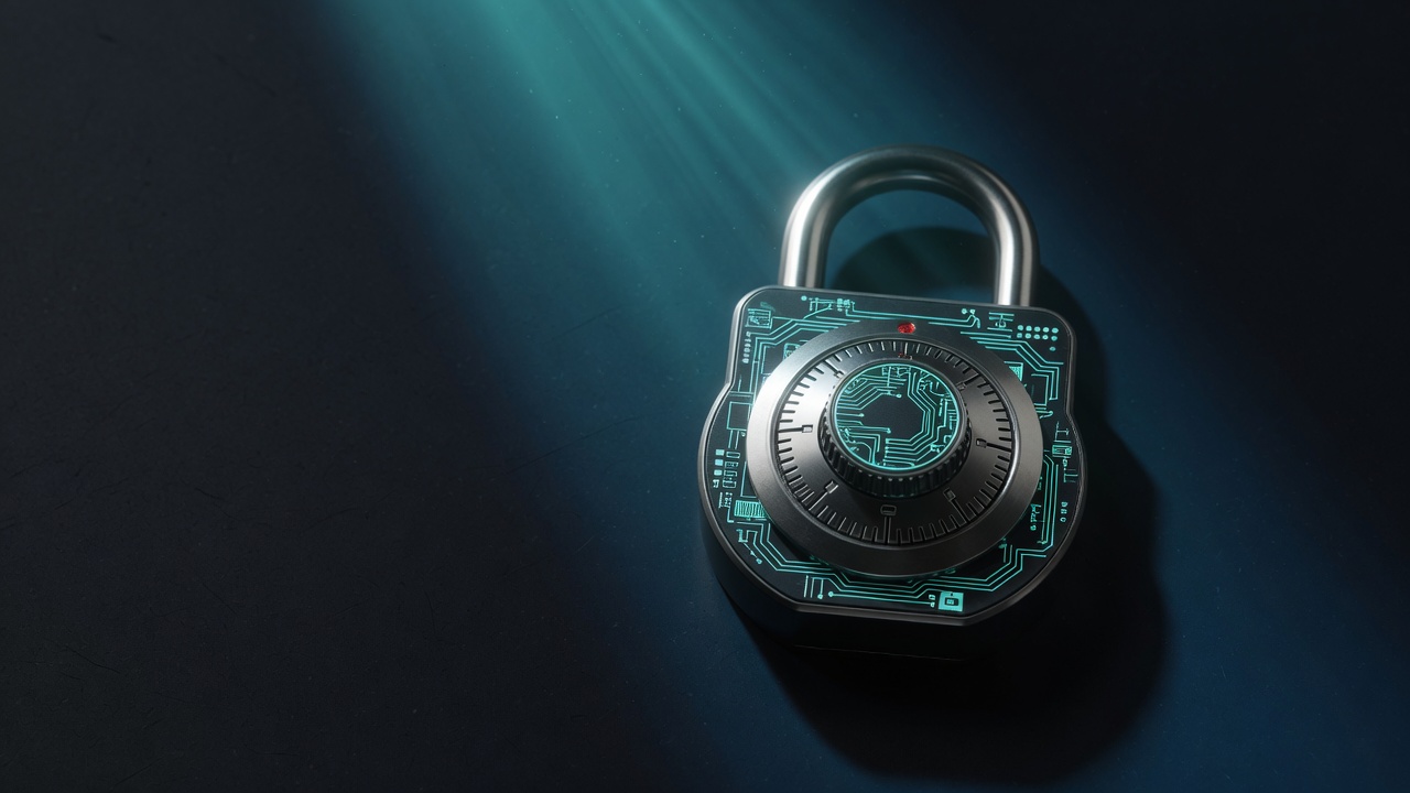 Cryptographic padlock with teal circuit dial sealing the vault