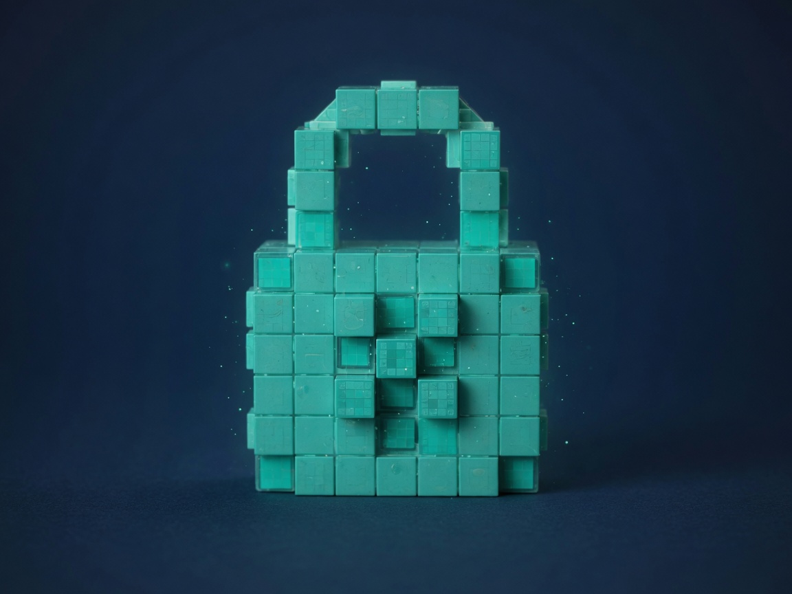 Teal padlock built from encrypted data blocks