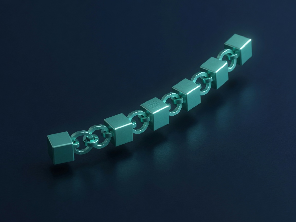 Chain of teal linked blocks forming an immutable ledger