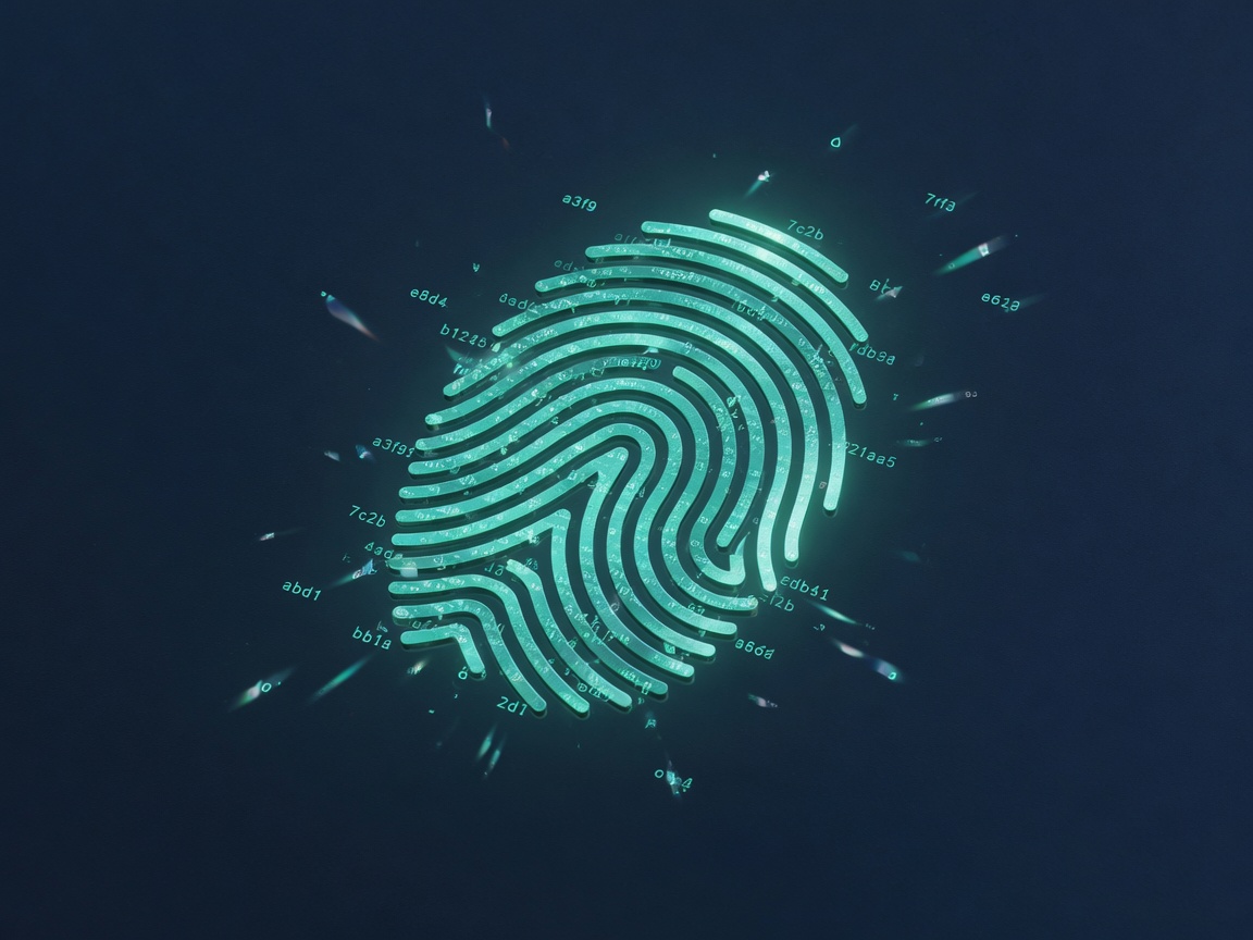 Teal digital fingerprint with hash particles